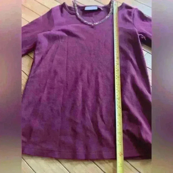 Quacker Factory Blouse XXS Burgundy Rhinestone Neckline Casual 100% Cotton - Picture 10 of 10